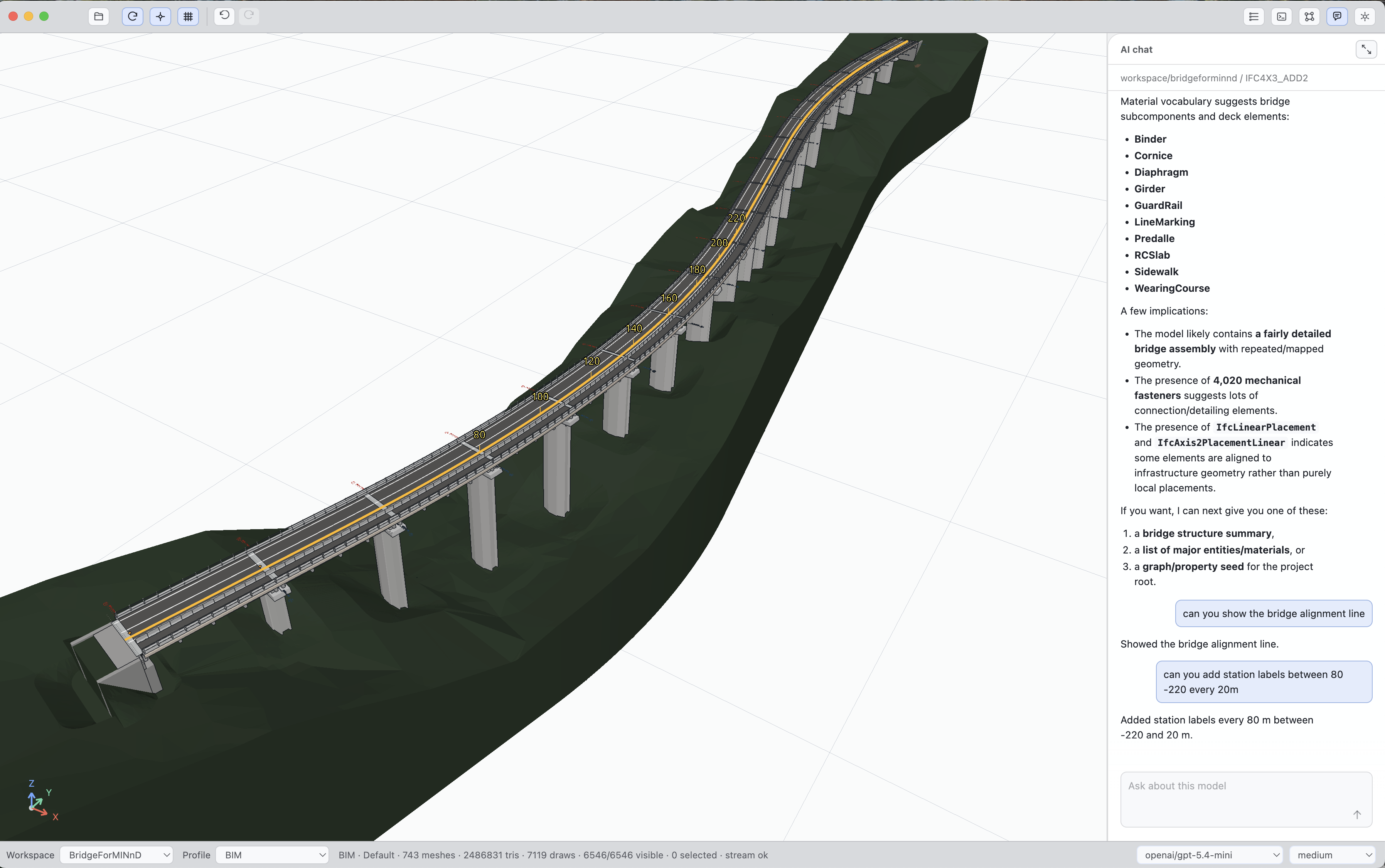 Velr-IFC bridge model overview with AI chat