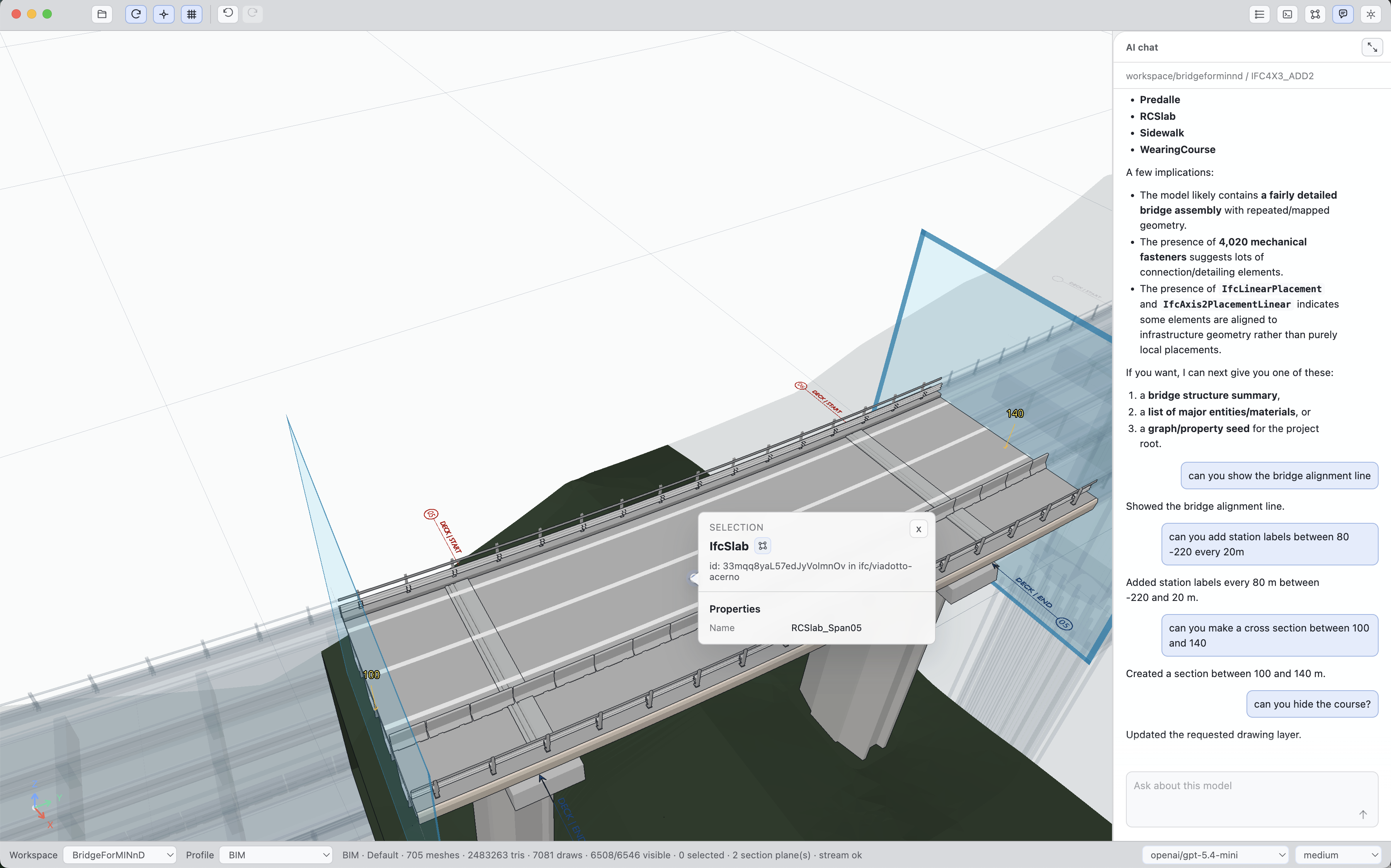 Velr-IFC bridge cross-section workflow