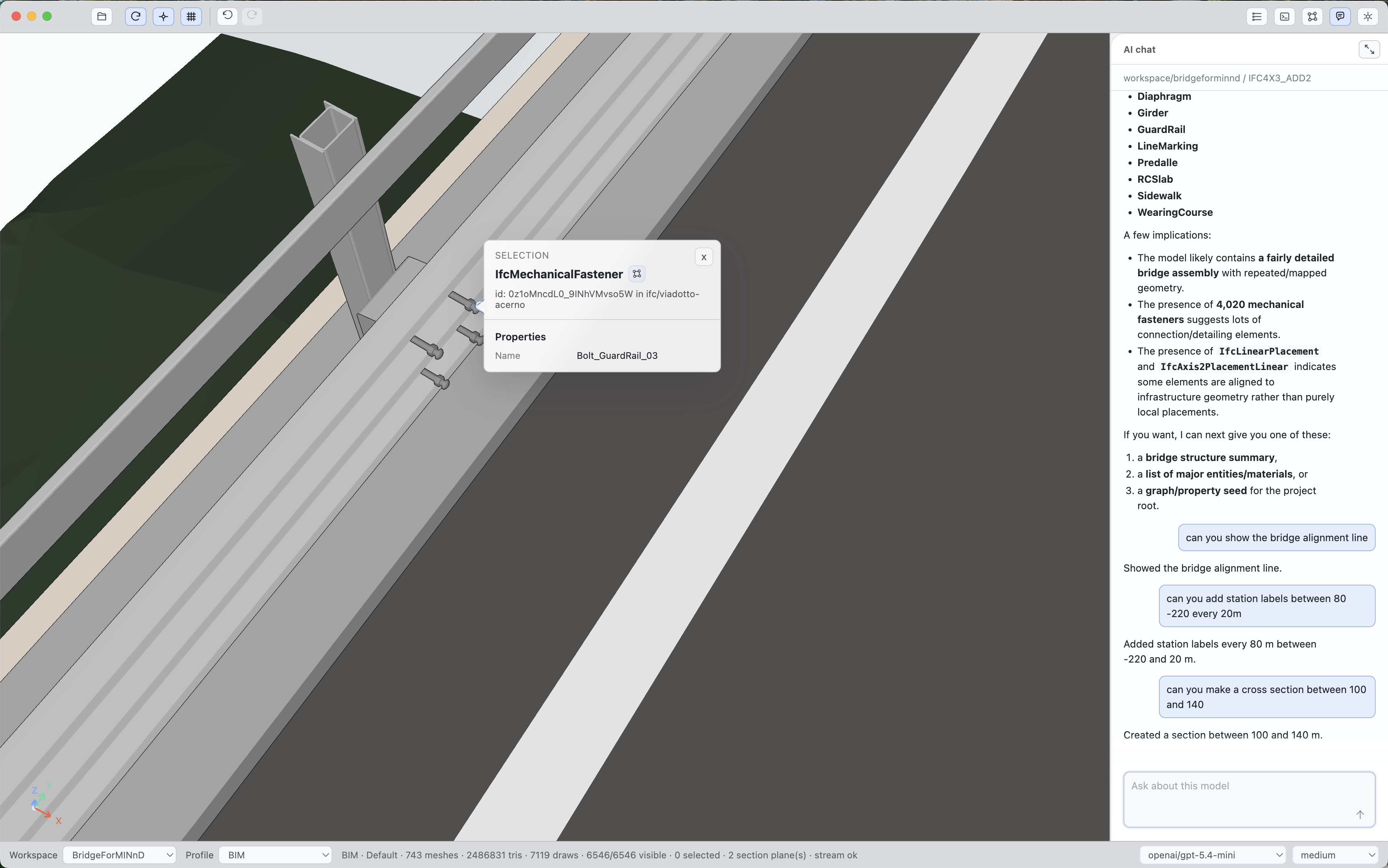 Velr-IFC entity selection and property inspection